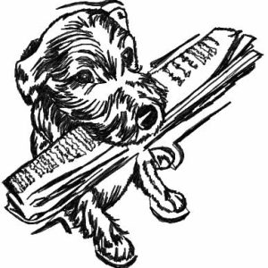 Dog with newspaper embroidery design