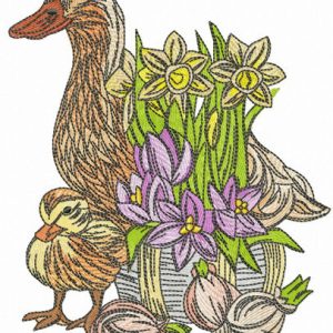 Duck family and daffodils embroidery design