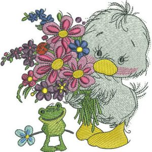 Duckling with bouquet embroidery design