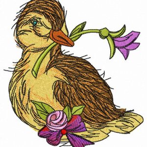 Duckling with flower in beak embroidery design