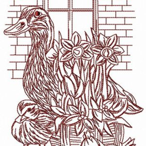 Ducks near brick wall embroidery design