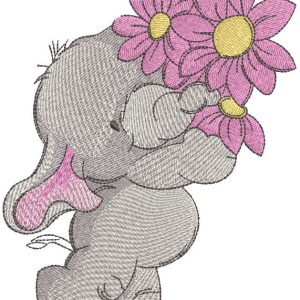 Elephant with bouquet pink flower embroidery design