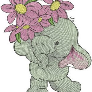 Elephant with small bouquet embroidery design