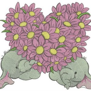 Elephants with flower heart embroidery design