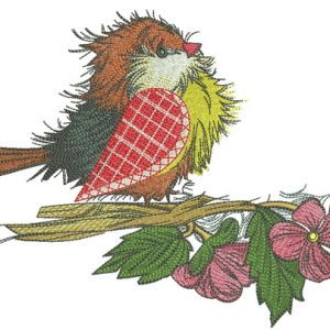 European robin with pink flower embroidery design