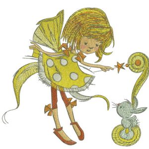Fairy in polka dot dress with bunny embroidery design