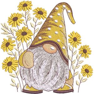 Fall gnome in garden embroidery design