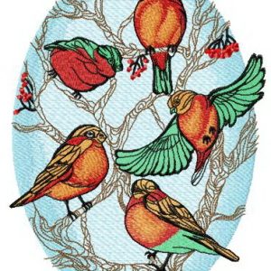 Flock of bullfinches on rowan embroidery design