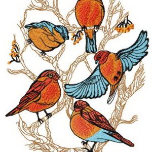 Flock of bullfinches on tree embroidery design