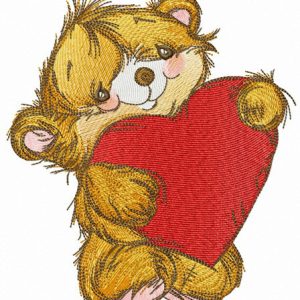 Fluffy bear with heart pillow embroidery design