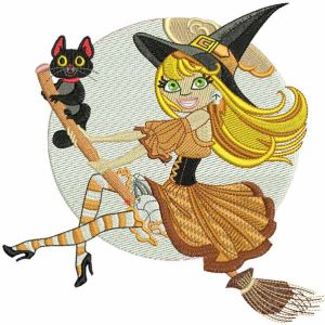 Flying witch with cat embroidery design