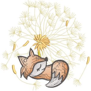 Fox cub is resting under a dandelion embroidery design