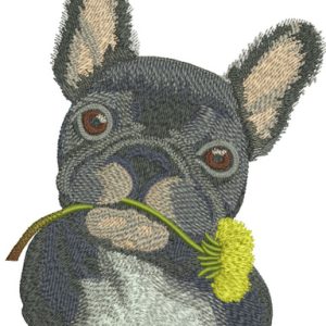 French bulldog with dandelion embroidery design