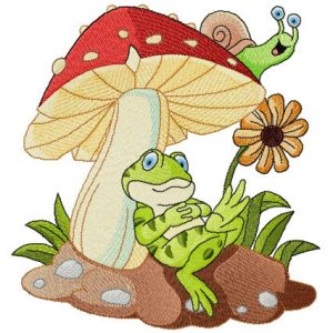 Frog's rest under mushroom embroidery design
