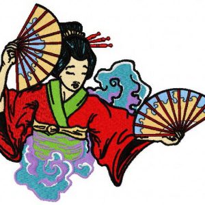 Geisha with fans embroidery design