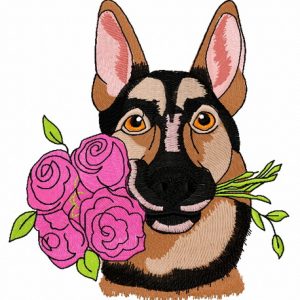 German Shepherd with roses embroidery design