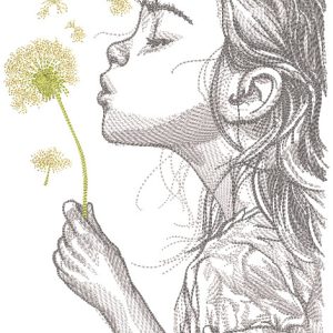 Girl blowing on a dandelion embroidery design