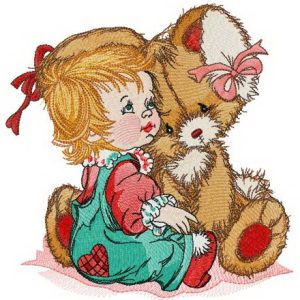 Girl calms down bunny embroidery design