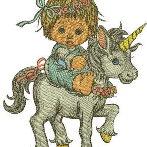 Girl riding unicorn embroidery design