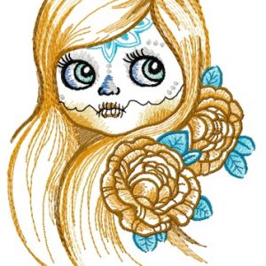 Girl with sewn mouth embroidery design