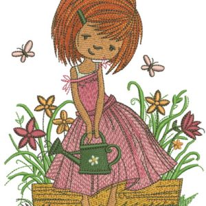 Girl with watering can embroidery design