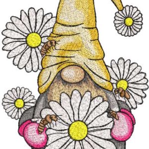 Gnome beekeeper with daisies embroidery design