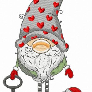 Gnome in phrygian cap with hearts holding lantern embroidery design