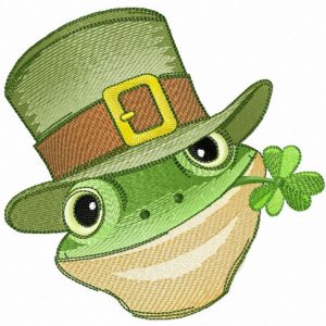 Green frog with clover embroidery design