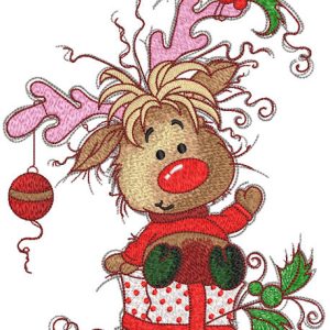 Happy fawn with Christmas gift embroidery design