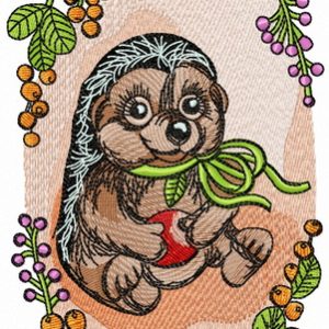 Hedgehog in flower frame embroidery design
