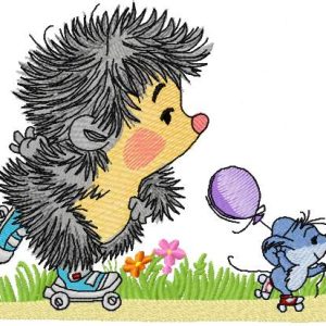 Hedgehog and mouse roller skating embroidery design