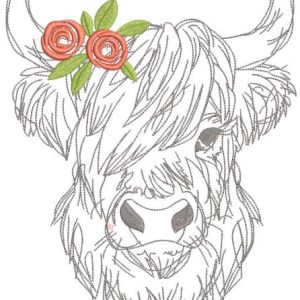 Highland cow with roses embroidery design