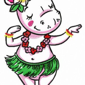 Hippo dancing hula embroidery design