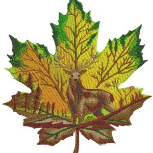 Horned deer on maple leaf embroidery design