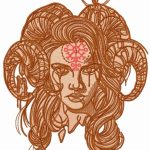 Horny demon with pictograph on forehead embroidery design