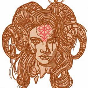 Horny demon with pictograph on forehead embroidery design
