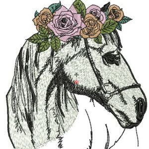 Horse with wreath of roses embroidery design