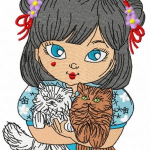 Japanese girl with cats 3 embroidery design