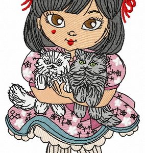 Japanese girl with cats embroidery design