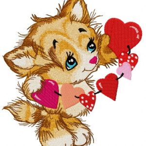 Kitten with garland of hearts embroidery design