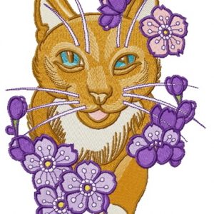 Kitty with purple flowers embroidery design