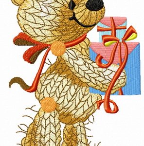 Knitted bear with present embroidery design