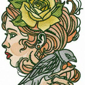 Lady with raven embroidery design