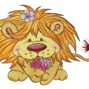 Lion with bouquet of spring flowers embroidery design