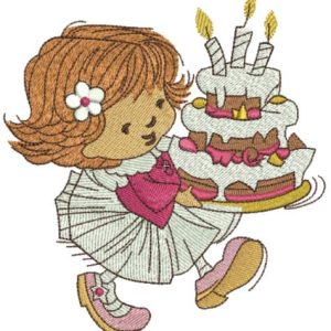 Little cute girl with cake embroidery design