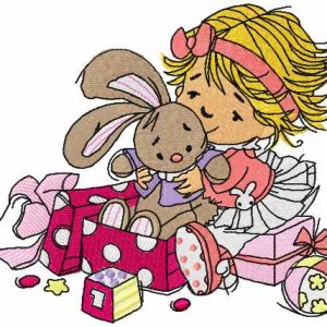 Cute little girl with bunny toy embroidery design