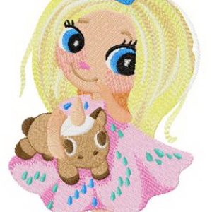 Little princess with unicorn toy embroidery design