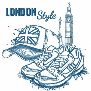 London style: cap and sneakers sketch embroidery design