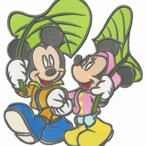 Mickey and Minnie walking under leaf umbrellas embroidery design