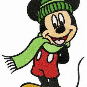 Mickey wear warm hat and scarf embroidery design